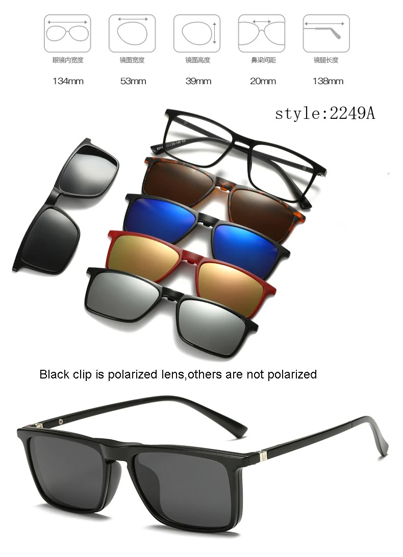 Monture de lunettes tendance mixte avec 5 clips solaires magnétiques polarisés – Style et polyvalence