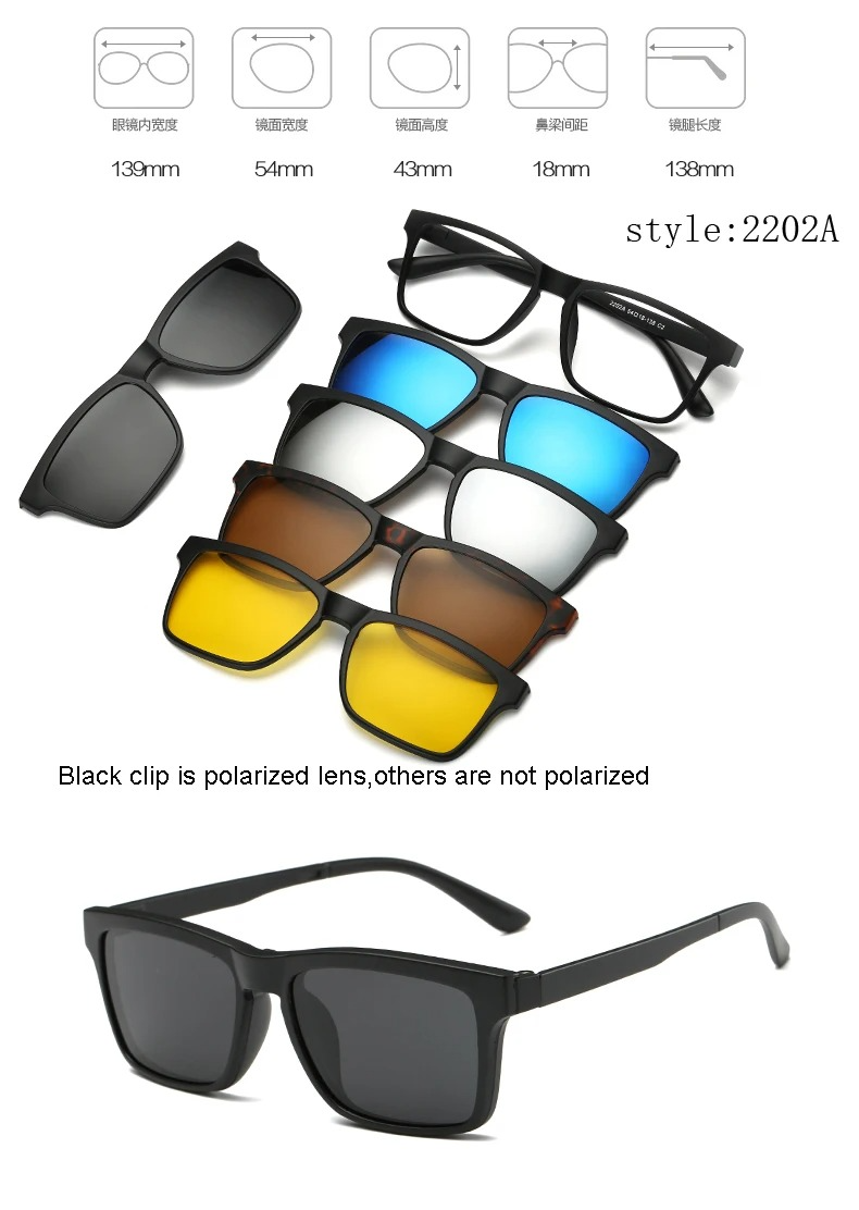 Monture de lunettes tendance mixte avec 5 clips solaires magnétiques polarisés – Style et polyvalence