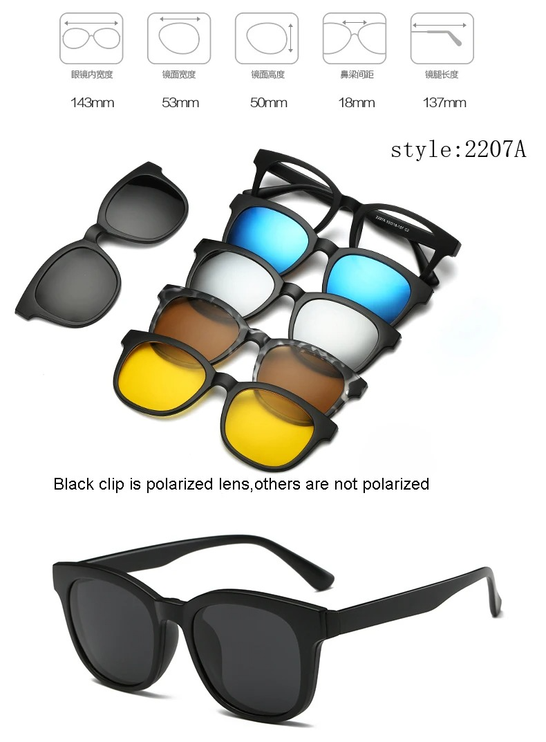Monture de lunettes tendance mixte avec 5 clips solaires magnétiques polarisés – Style et polyvalence