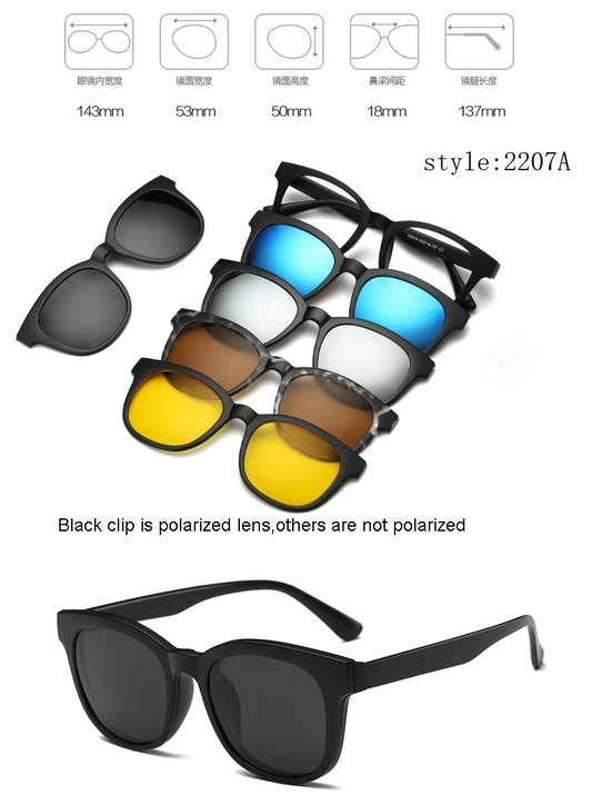 Monture de lunettes tendance mixte avec 5 clips solaires magnétiques polarisés – Style et polyvalence