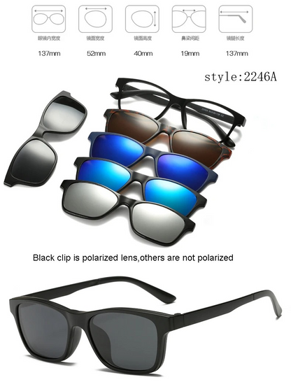 Monture de lunettes tendance mixte avec 5 clips solaires magnétiques polarisés – Style et polyvalence