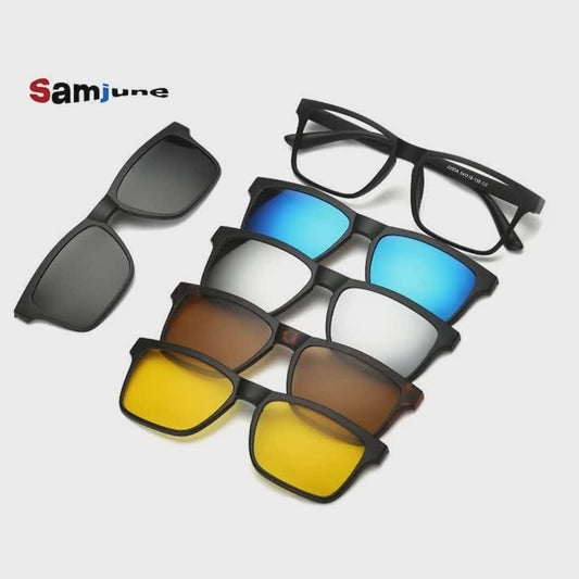 Monture de lunettes tendance mixte avec 5 clips solaires magnétiques polarisés – Style et polyvalence